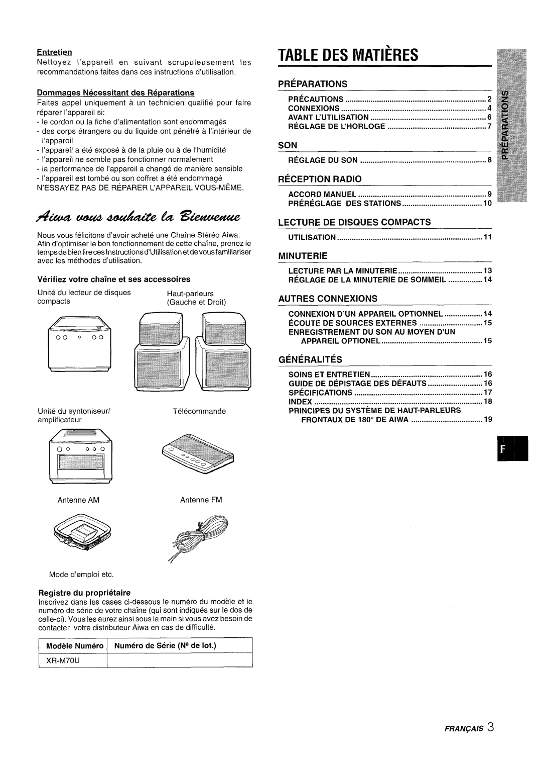 Aiwa XR-M70 manual 4?uu#u44uui&&?4A%wwue, Des Matieres, Preparations, Reception Radio, Lecture, De Disques Compacts, Autres 