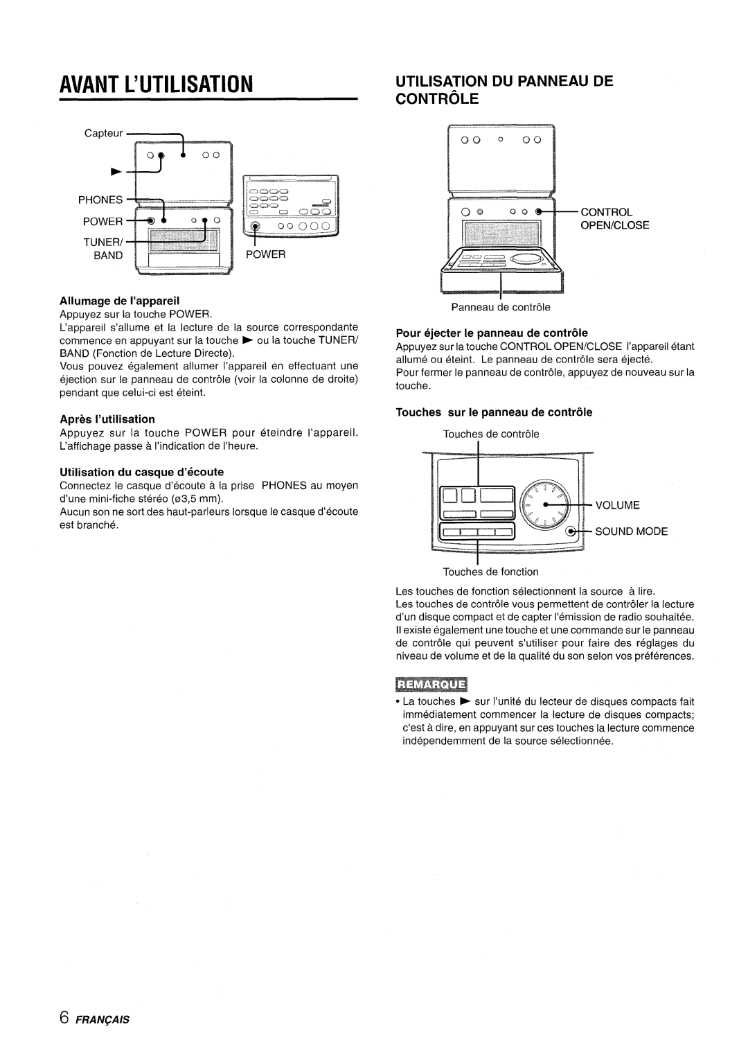 Aiwa XR-M70 manual Avant L’Utilisation, Utilisation Du Panneau De Controle, Allumage de I’appareil, Apres l’utilisation 