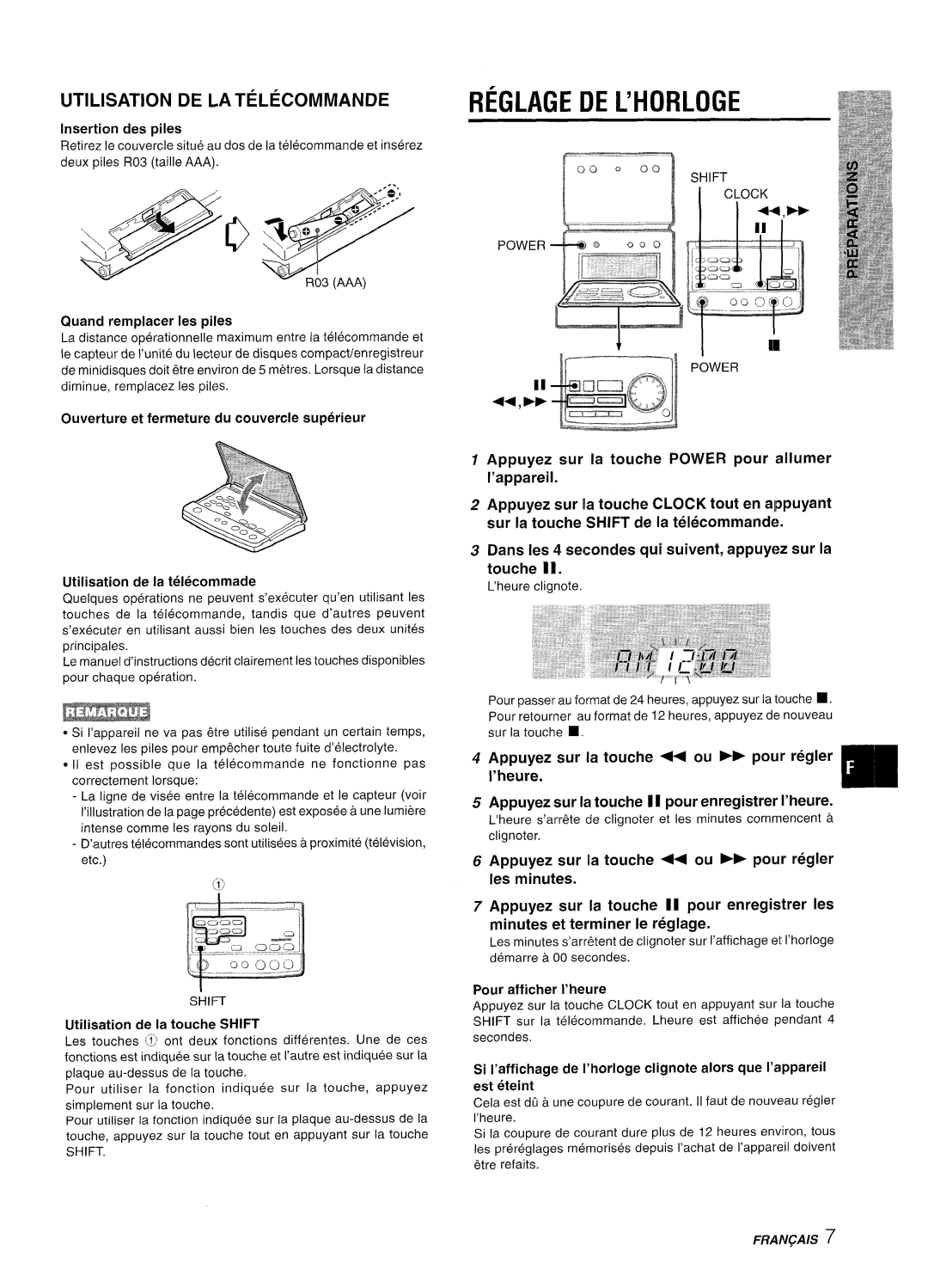 Aiwa XR-M70 manual Reglage De L’Horloge, UTILISATION DE LA TELkCOMMANDE, Appuyez sur la twche POWER pour allumer I’appareil 