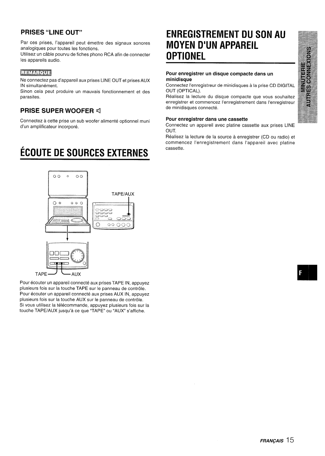 Aiwa XR-M70 manual ECOUTE DE sOuRcEs EXTERNES, Enregistrement Du Son Au Moyen D’Un Appareil Optionel, Prises “Line Out” 