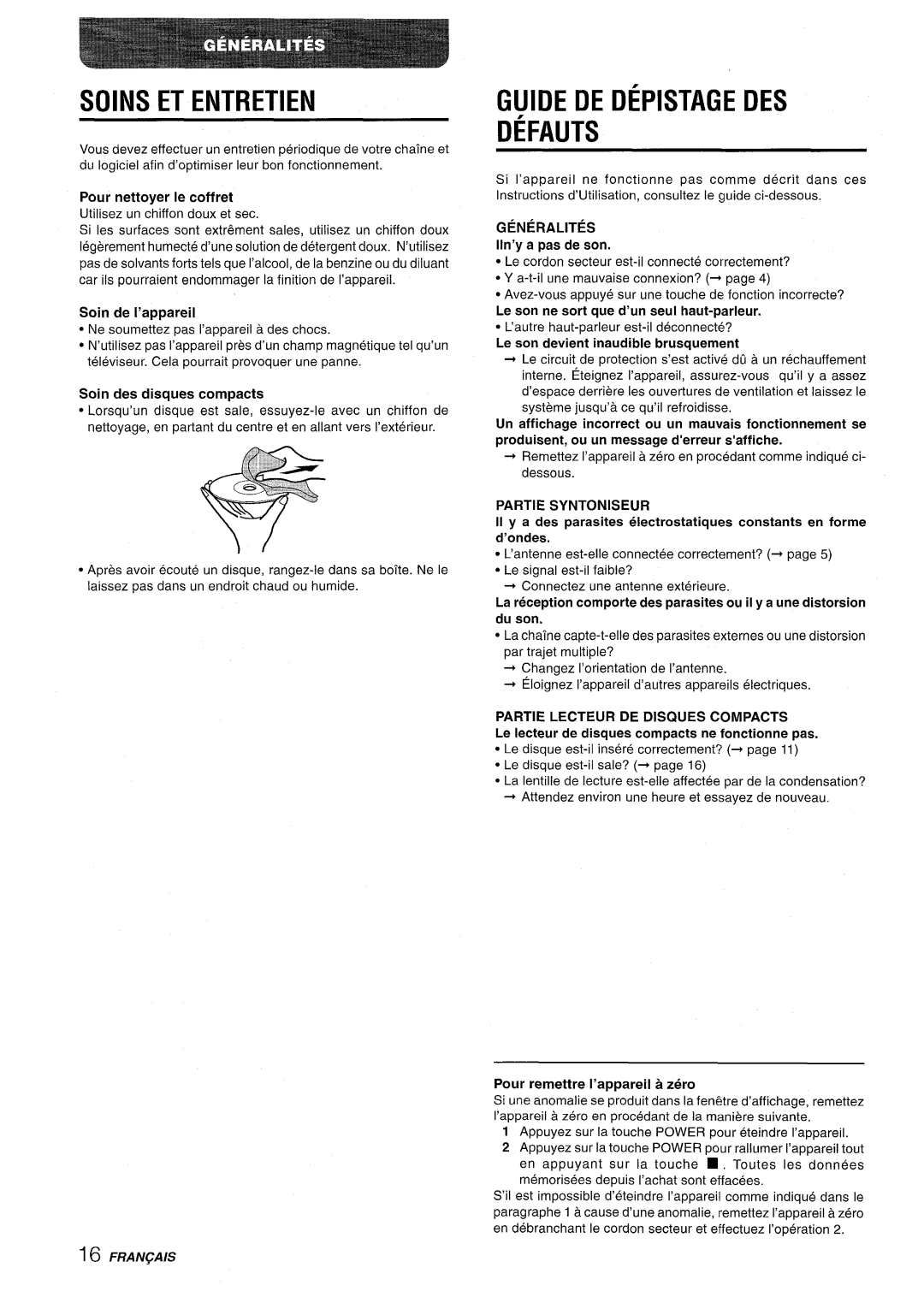 Aiwa XR-M70 manual Soins Et Entretien, Guide De Depistage Des Defauts, Pour nettoyer Ie coffret, Soin de I’appareil 