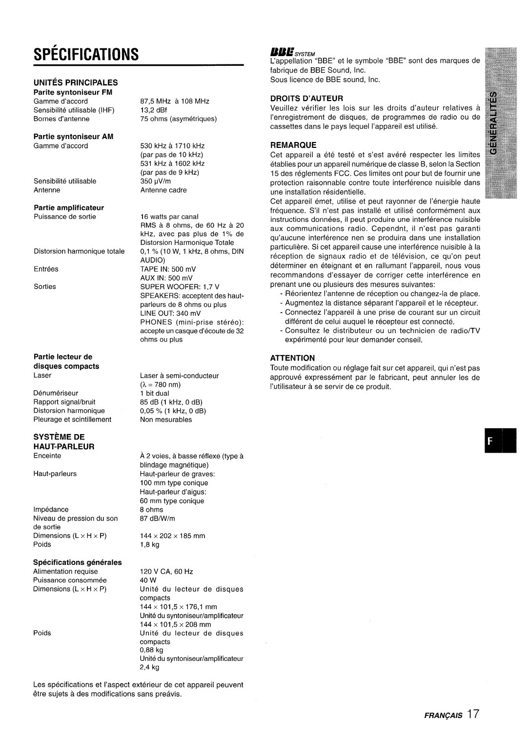 Aiwa XR-M70 Unites, Parite syntoniseur, Systeme De Haut-Parleur, Specifications generales, 87,5, Partie, amplificateur 