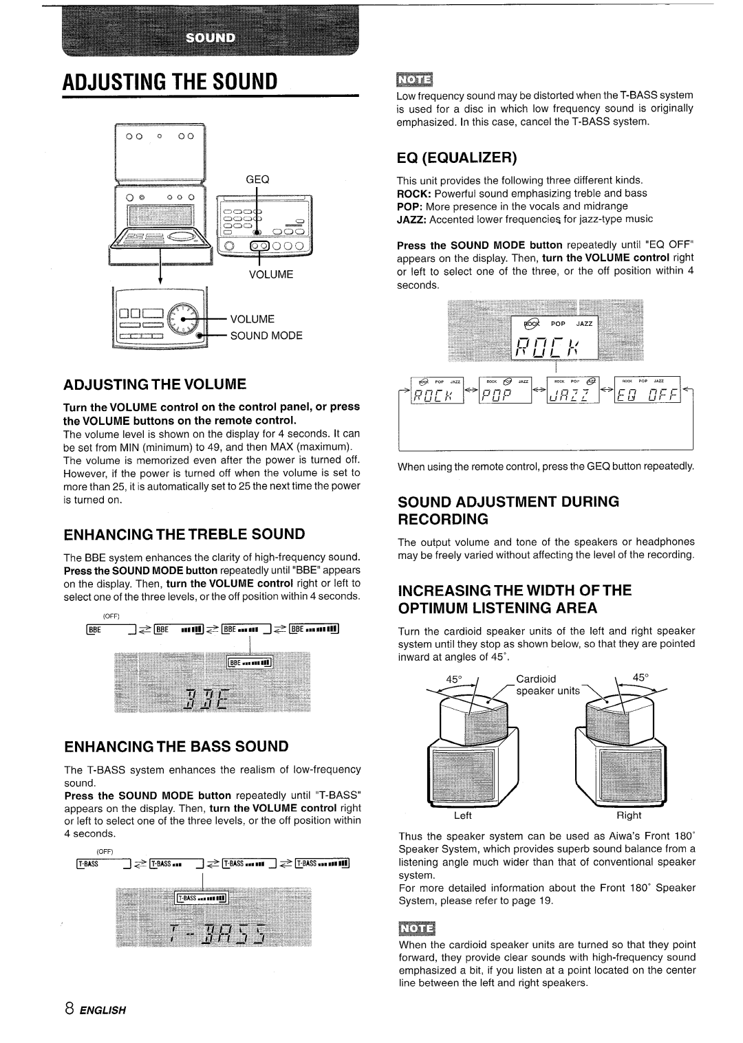 Aiwa XR-M70 manual Adjusting The Sound, EGl EQUALIZER, Adjusting The Volume, Enhancing The Treble Sound, = L-J= 