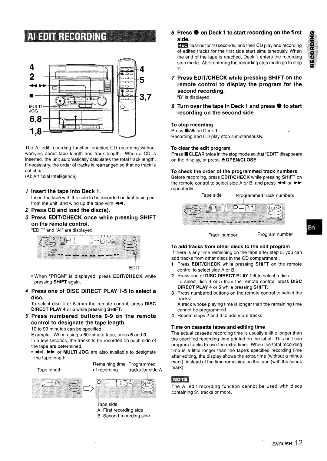 Aiwa XR-M75 manual Insert the tape into Deck, Press O on Deck 1 to start recording on the first side, To stop recording 