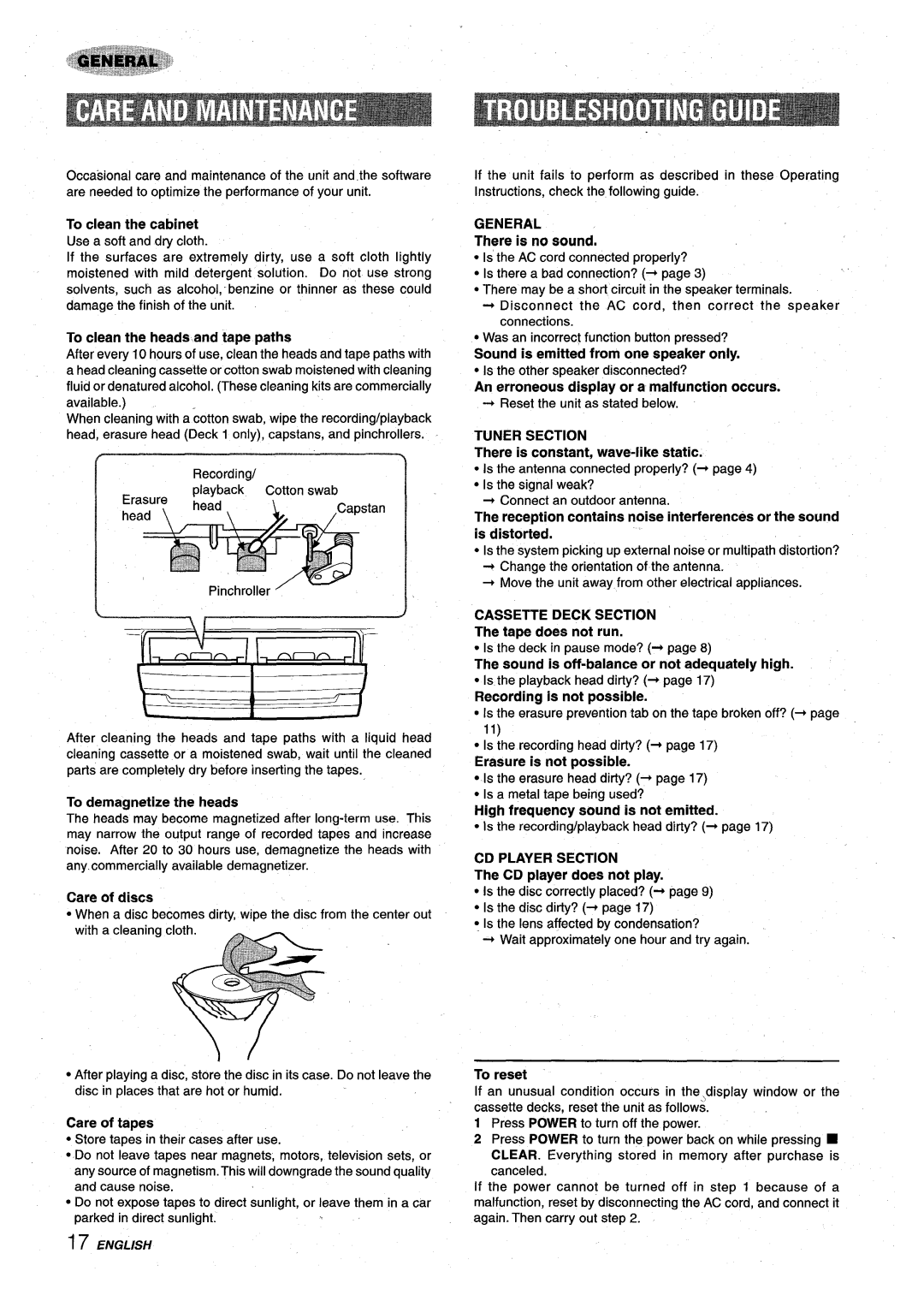 Aiwa XR-M75 To clean the headsand tape paths, There is no sound, Tuner Section, Cassette Deck Section, CD Player Section 