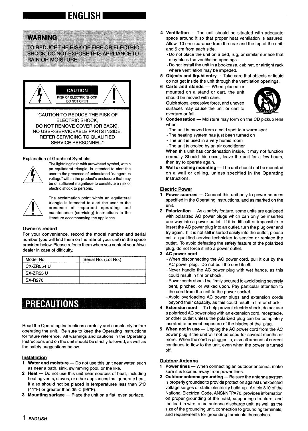 Aiwa XR-M75 manual Electric Power, Owner’s record, Installation, AC power cord, Outdoor Antenna 