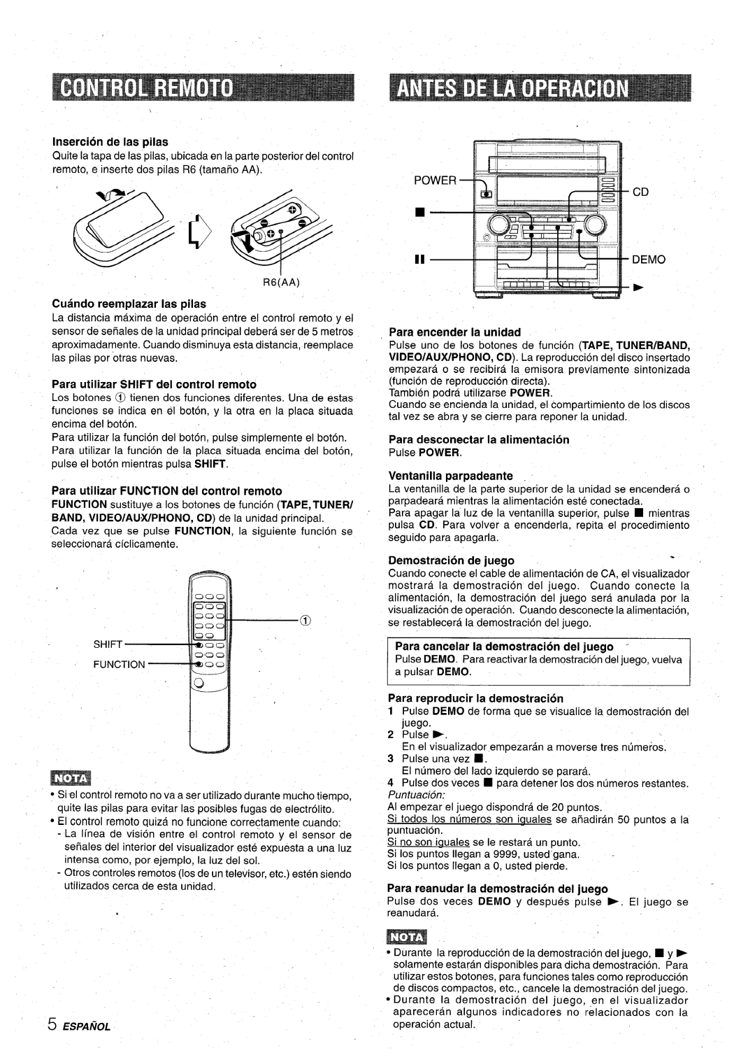 Aiwa XR-M75 manual Insertion de Ias pilas, Cuando reemplazar Ias pilas, Para utilizar Shift del control remoto 