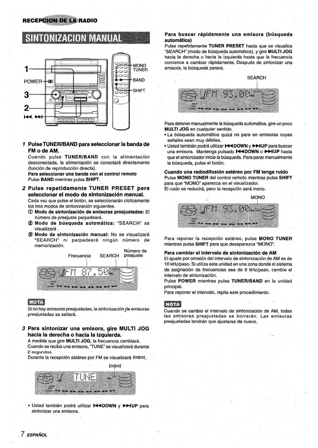 Aiwa XR-M75 manual PulseTUNER/BAND para seleccionar la banda de FM o de AM, Rece 