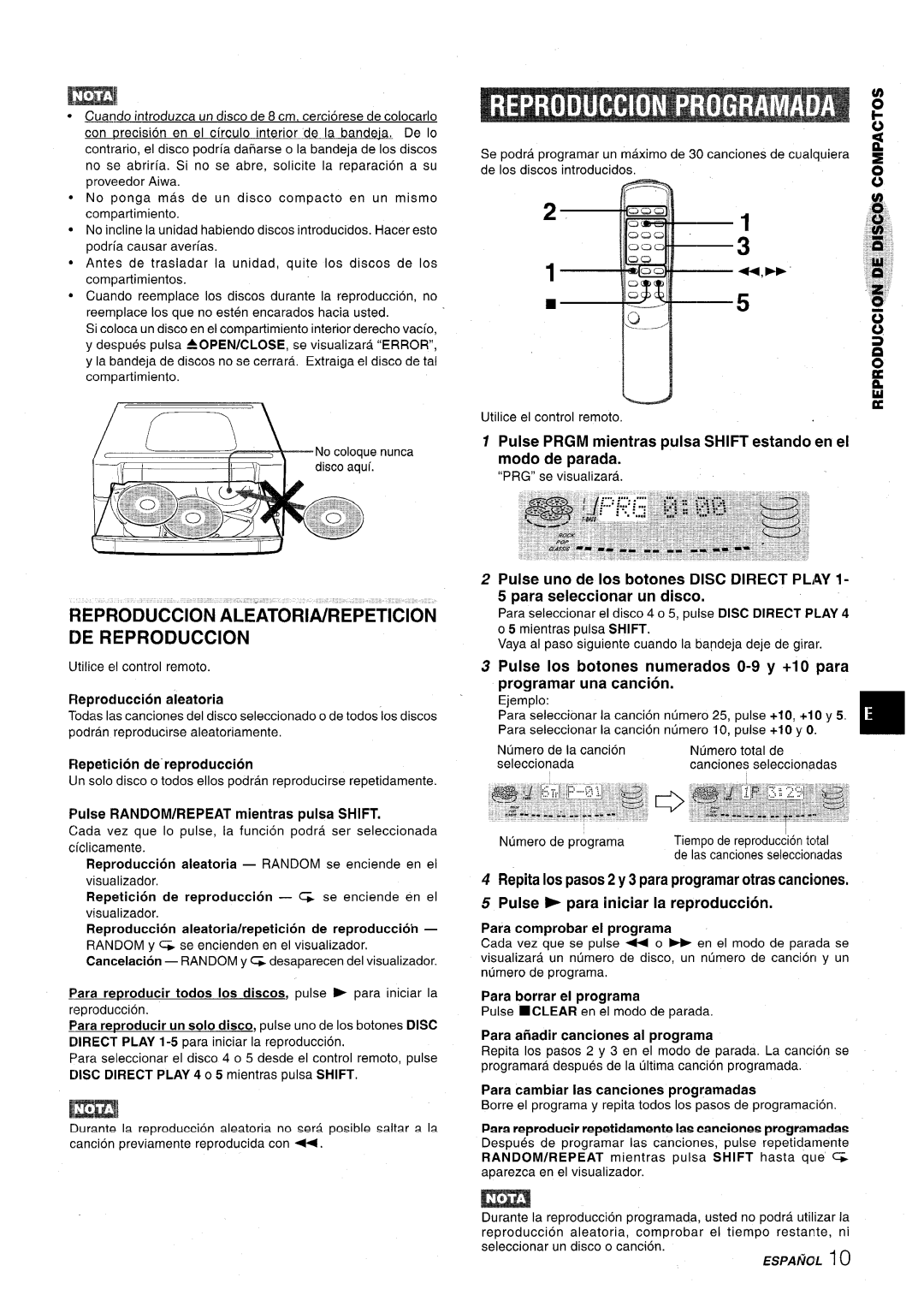 Aiwa XR-M75 manual ?EPRODUCCION ALEATORIA/REPETICION DE Reproduction, Para comprobar el programa, Para borrar el programa 