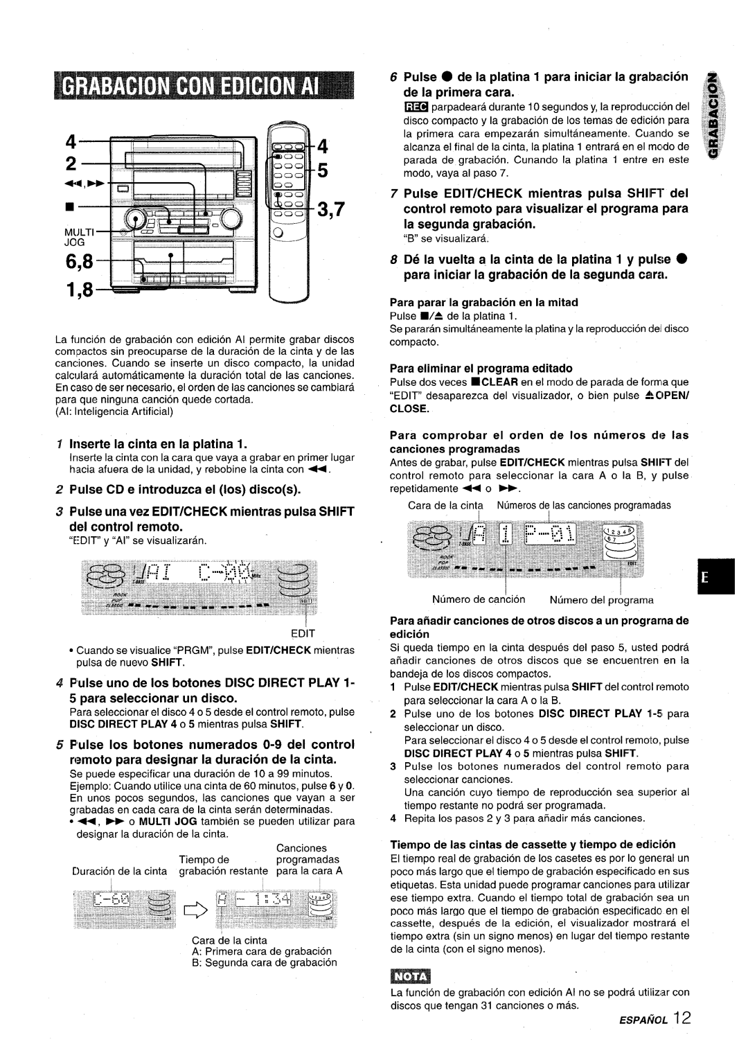 Aiwa XR-M75 manual 44, B++.J It==, Inserte la cinta en la platina, Para afiadir canciones de otros discos a un prograrna de 