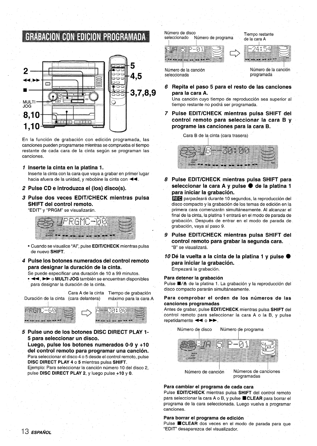 Aiwa XR-M75 manual Para detener la grabacion, Para borrar el programa de edition 