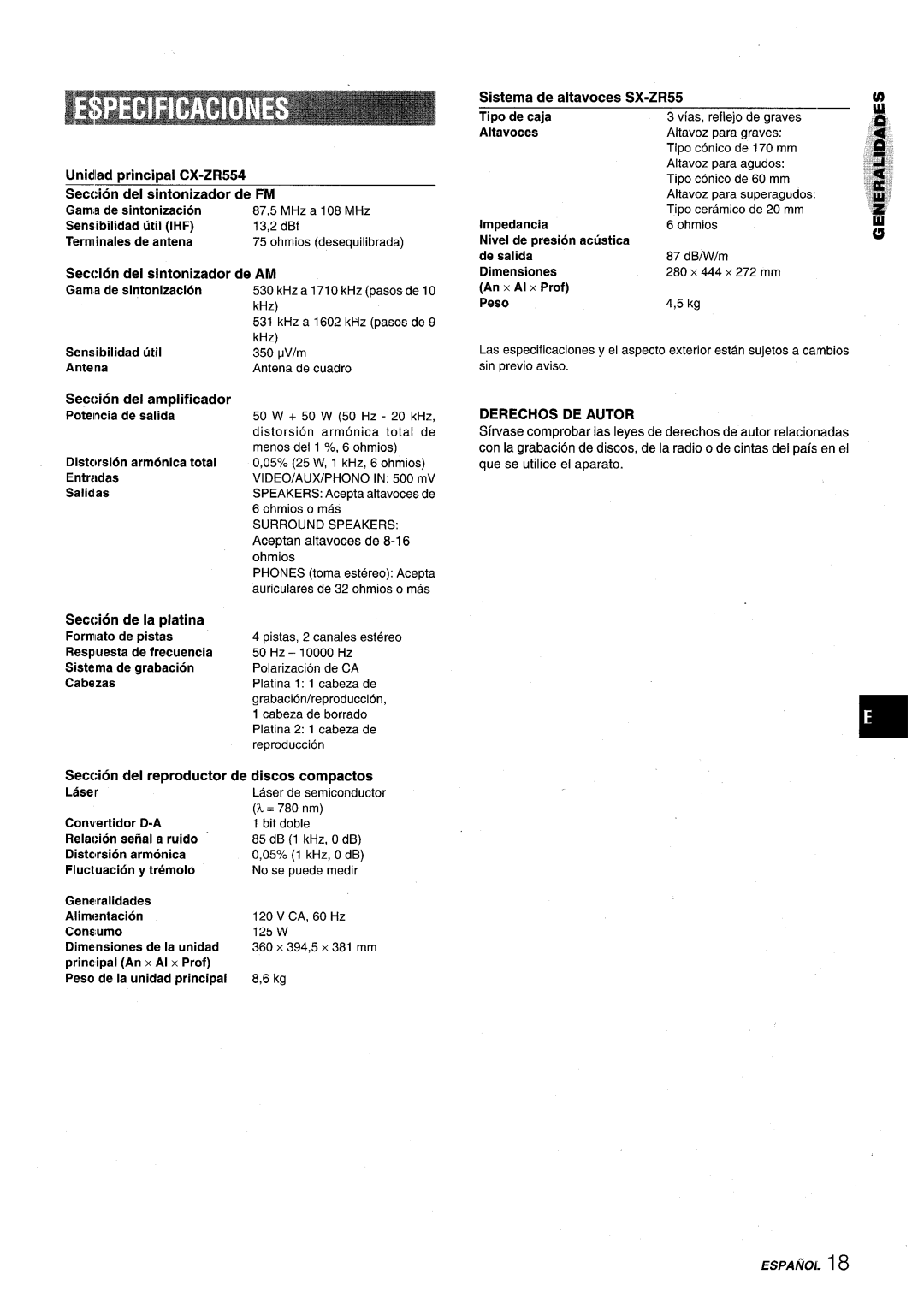 Aiwa XR-M75 manual SX-ZR55, Derechos DE Autor 