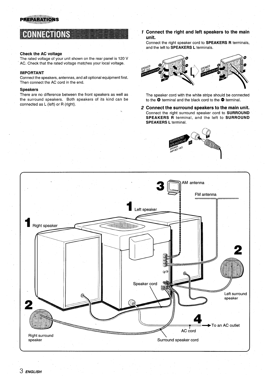 Aiwa XR-M75 manual Connect the right and left speakers to the main unit, Check the AC voltage, Speakers 