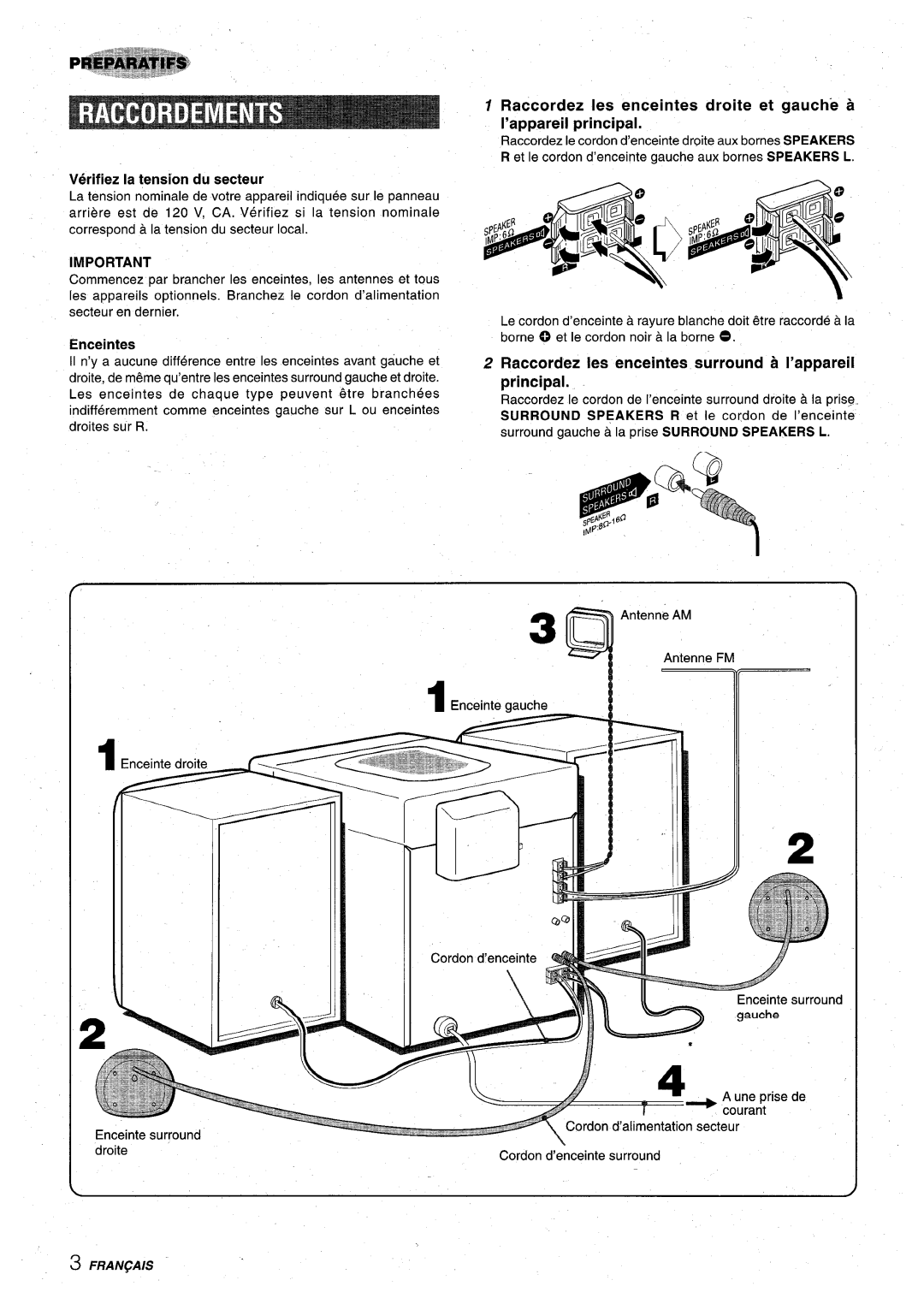 Aiwa XR-M75 manual Raccordez les enceintes surround a I’appareil principal, Verifiez la tension du secteur, Enceintes 