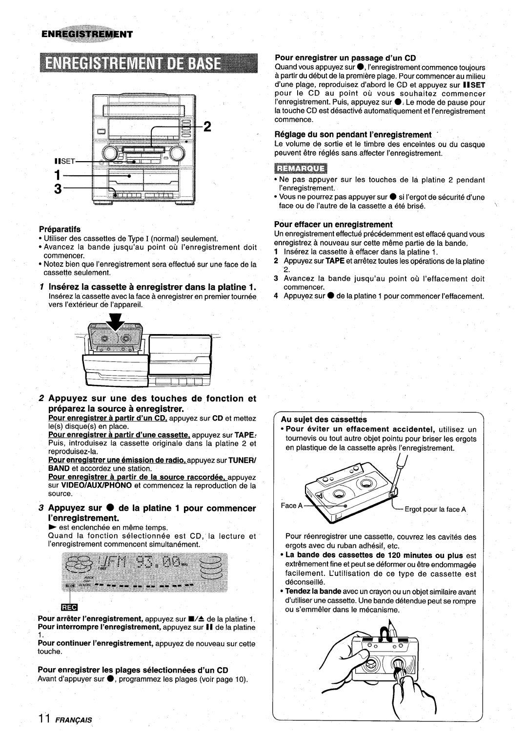 Aiwa XR-M75 manual Inserez la cassette a enregistrer clans la platine, Reglage du son pendant I’enregistrement 