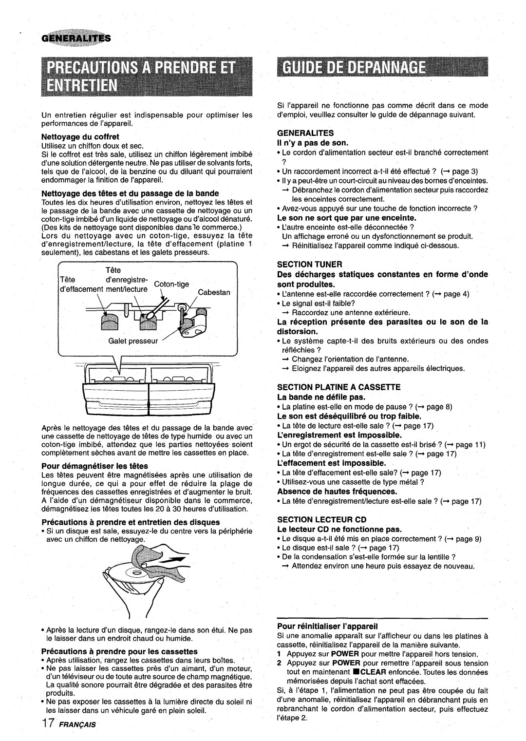 Aiwa XR-M75 manual Section Tuner, Generalities, Section Platine a Cassette, Section Lecteur CD 