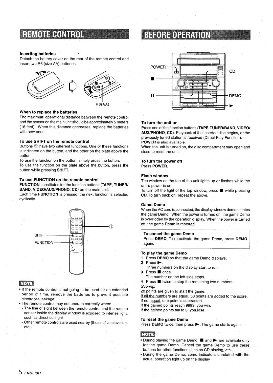 Aiwa XR-M75 Inserting batteries, When to replace the batteries, To use Shift on the remote control, To turn the unit on 