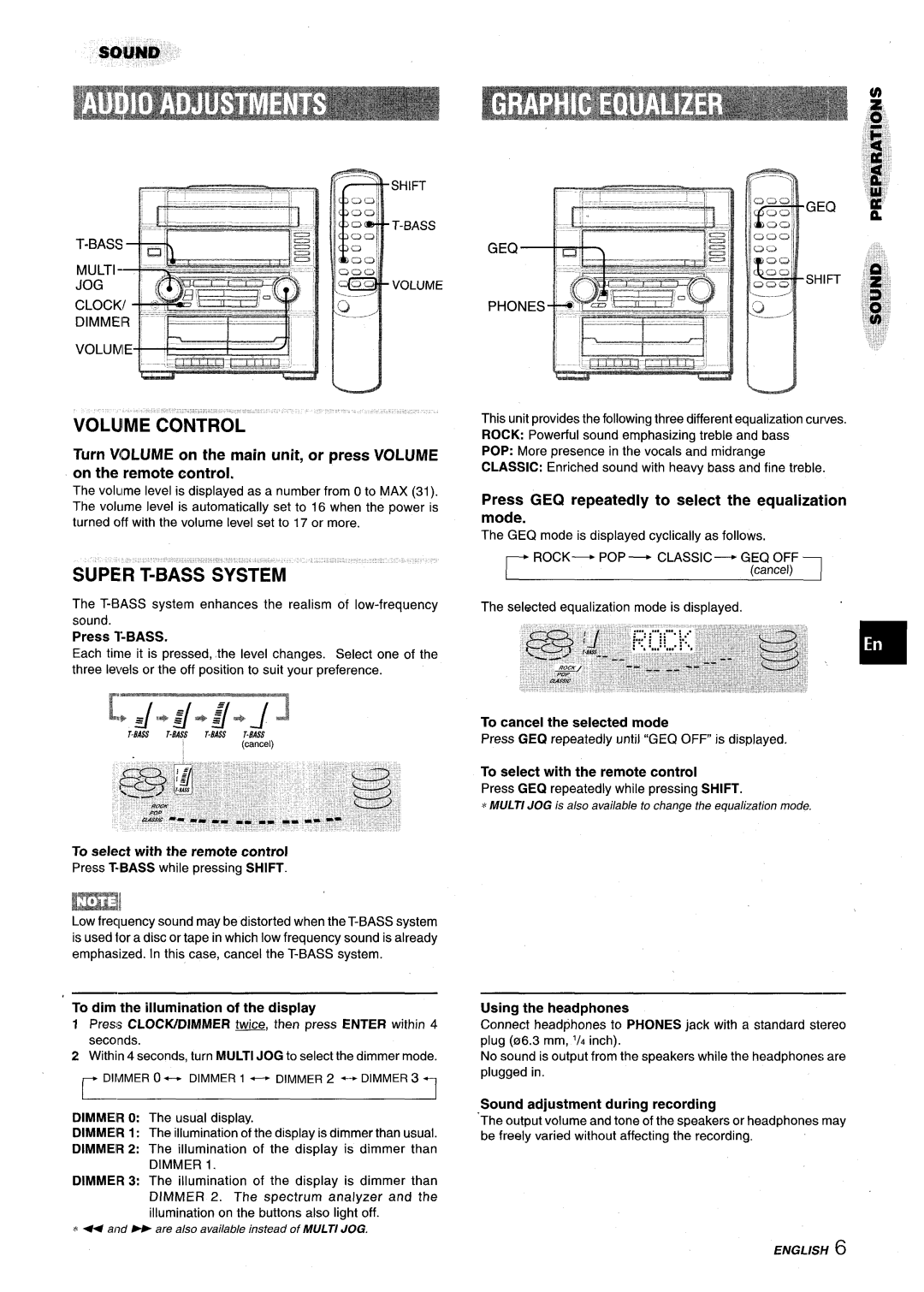 Aiwa XR-M75 manual Voluime Control, Super T-BASS System, Press GEQ repeatedly to select the equalization mode 