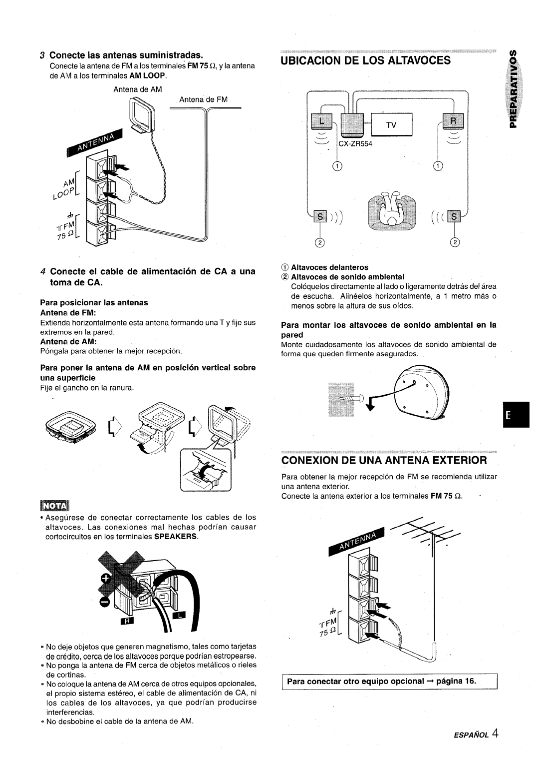 Aiwa XR-M75 manual L---------%, Ubicacion De Los Altavoces, Comecte las antenas suministradas 