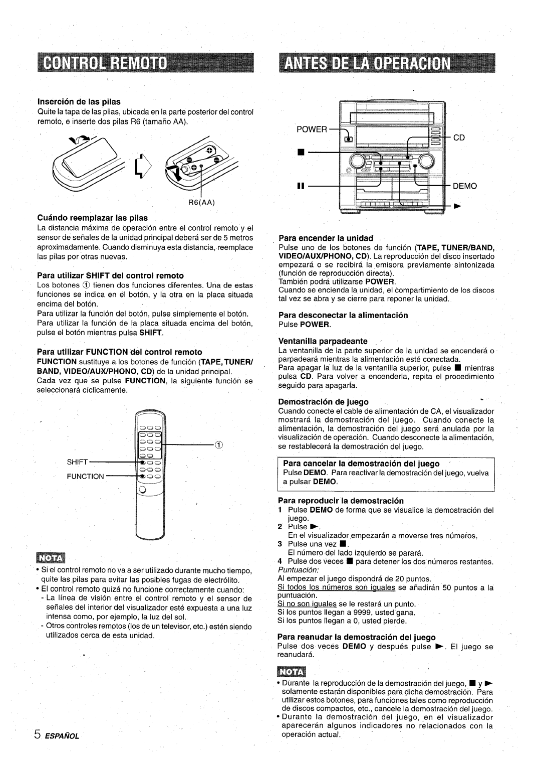 Aiwa XR-M75 manual ‘@-, @, Insertion de Ias pilas, Cuando reemplazar Ias pilas, Para utilizar SHIFT del control remoto 