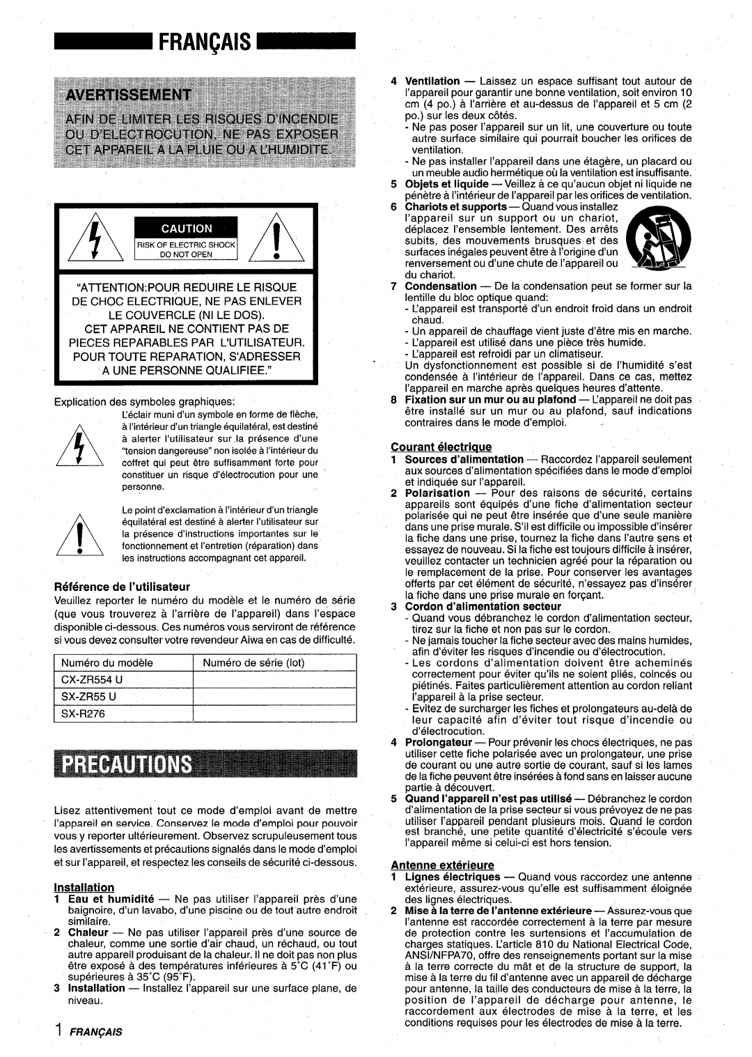 Aiwa XR-M75 manual Reference de I’utilisateur, Courant 61ectriaue, Antenne exterieure, M5!!!Em, Installation 