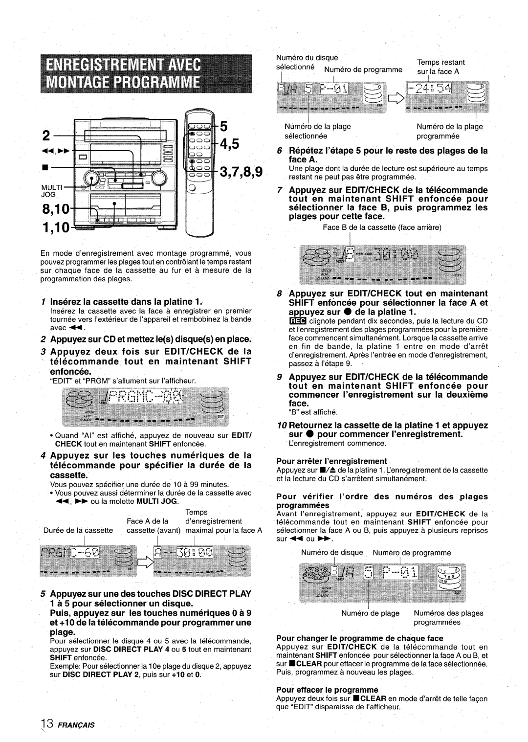 Aiwa XR-M75 manual Inserez la cassette clans la platine, Appuyez sur CD et mettez Ies disques en place, 4,5 3,7,8,9 
