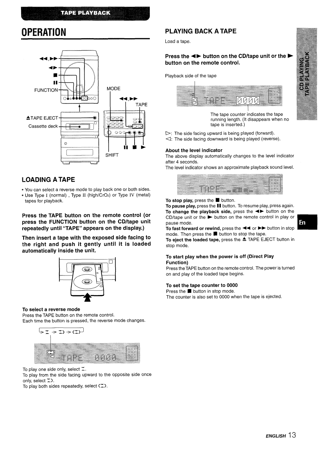 Aiwa XR-M88 manual Loading a Tape, Playing Back a Tape, To set the tape counter to, To select a reverse mode 