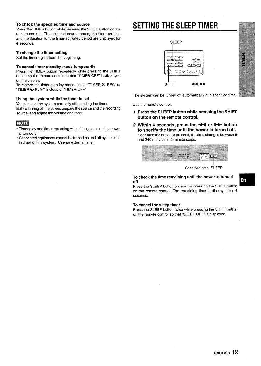 Aiwa XR-M88 manual Setting the Sleep Timer, Using the system while the timer is set 