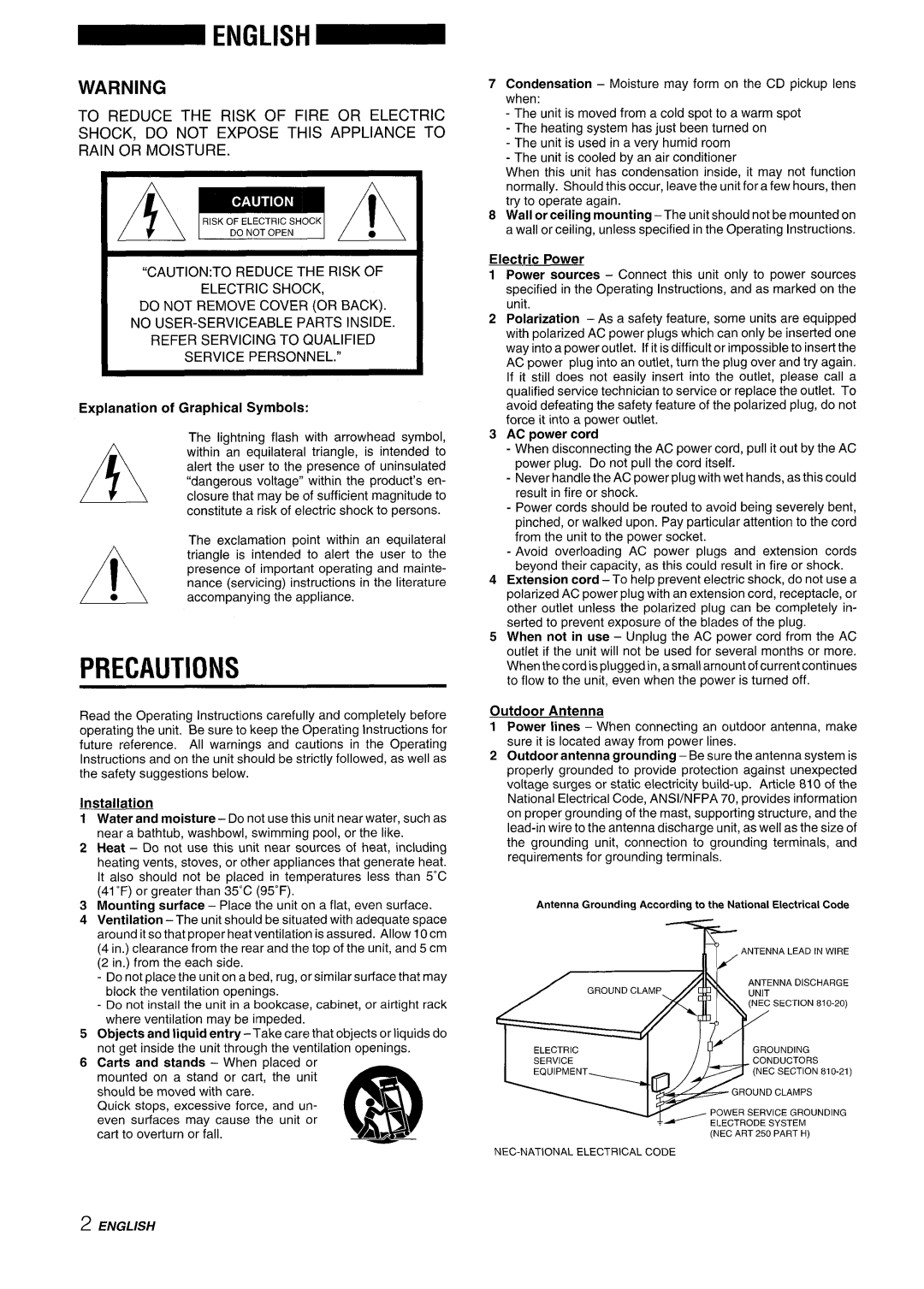 Aiwa XR-M88 manual Precautions, AC power cord, Outdoor Antenna, ANTENN,4’LEAOINWIRE 