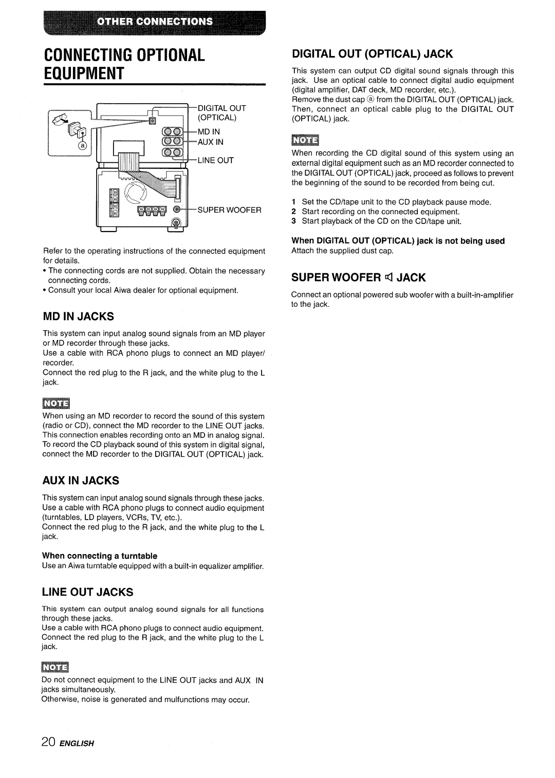 Aiwa XR-M88 manual Connecting Optional Equipment, MD in Jacks, AUX in Jacks, Line OUT Jacks, Digital OUT Optical Jack 