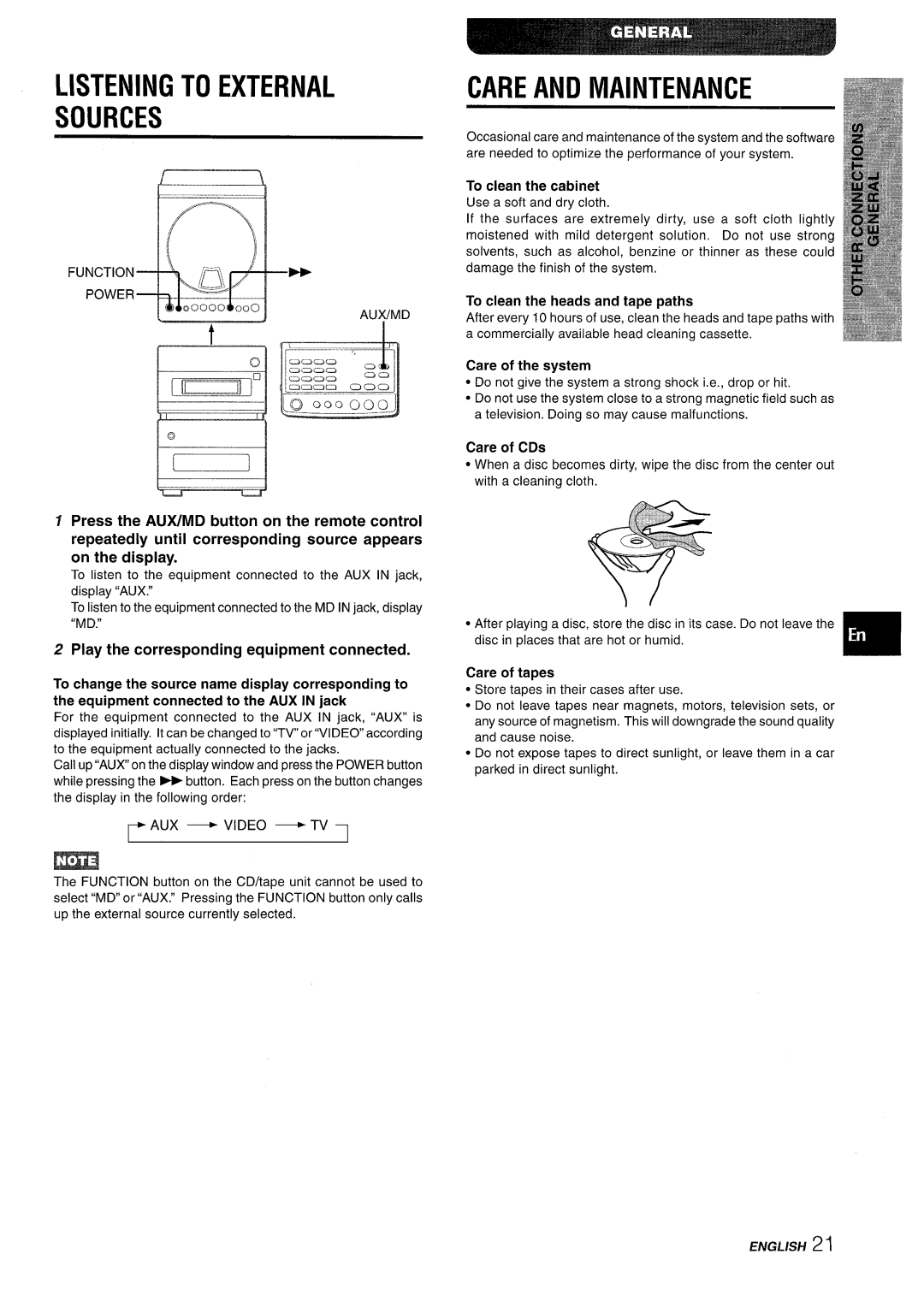 Aiwa XR-M88 Listening to External Sources, Care and Maintenance, Care of CDs, Play the corresponding equipment connected 