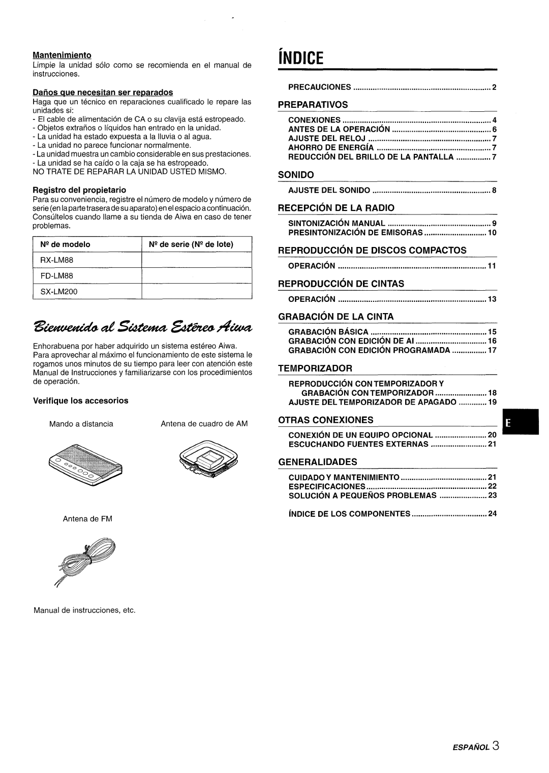 Aiwa XR-M88 manual Indice, Registro del propietario 