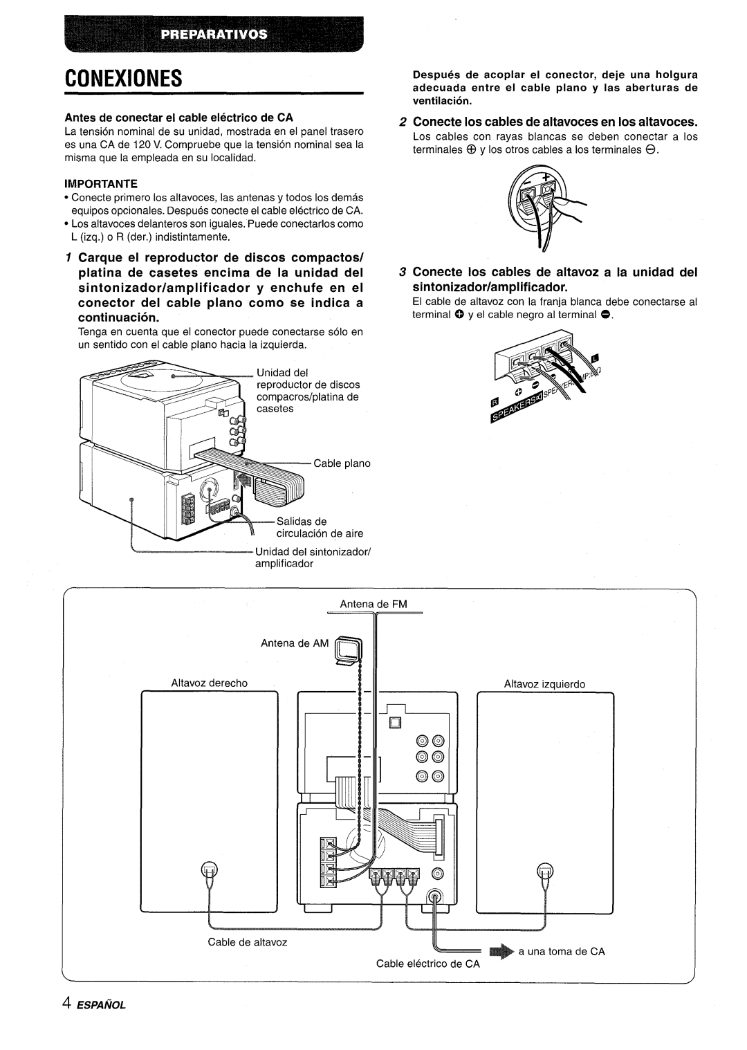 Aiwa XR-M88 manual Conexiones, Antes de conectar el cable electrico de CA, Importante 