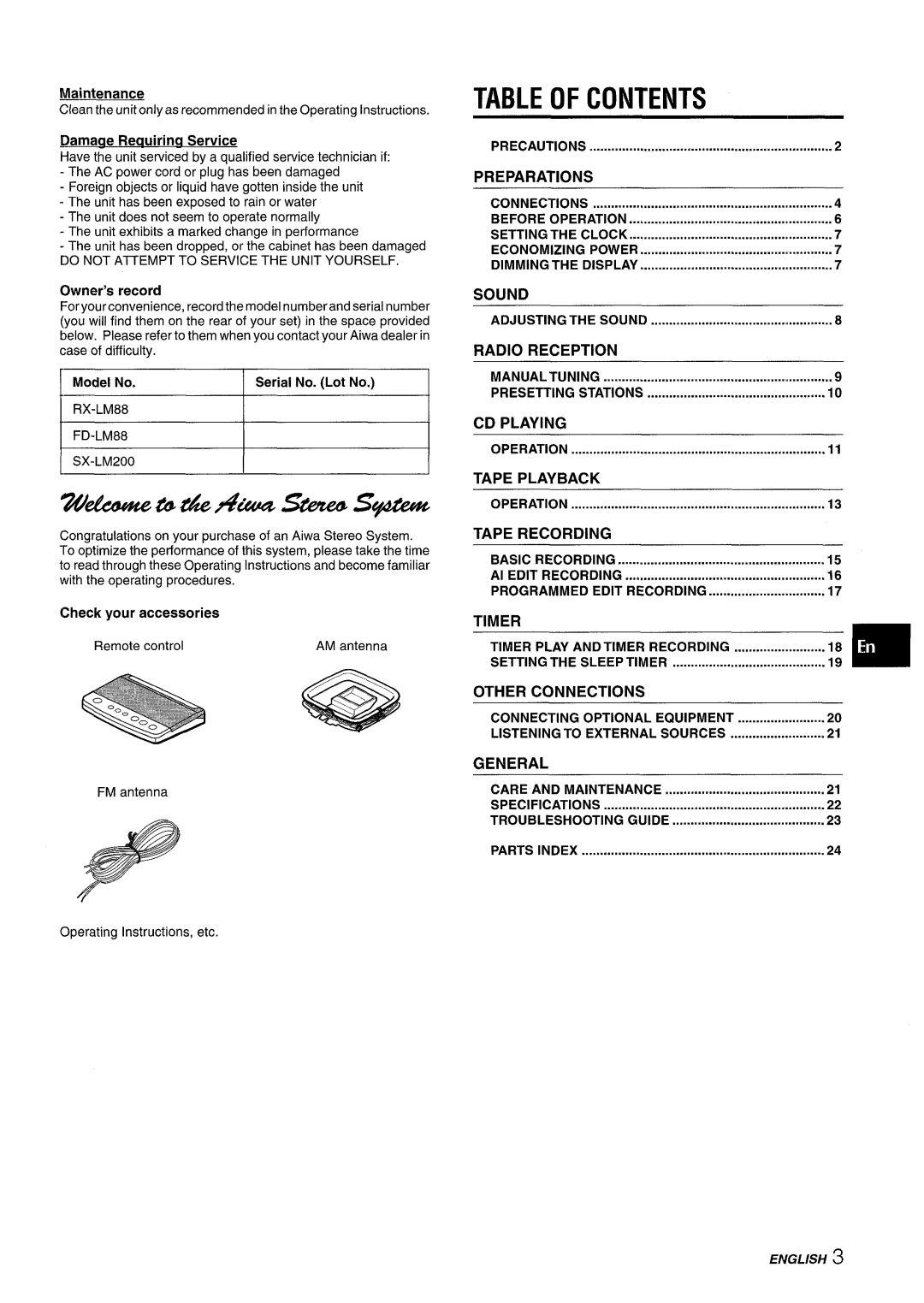 Aiwa XR-M88 manual Table of Contents 