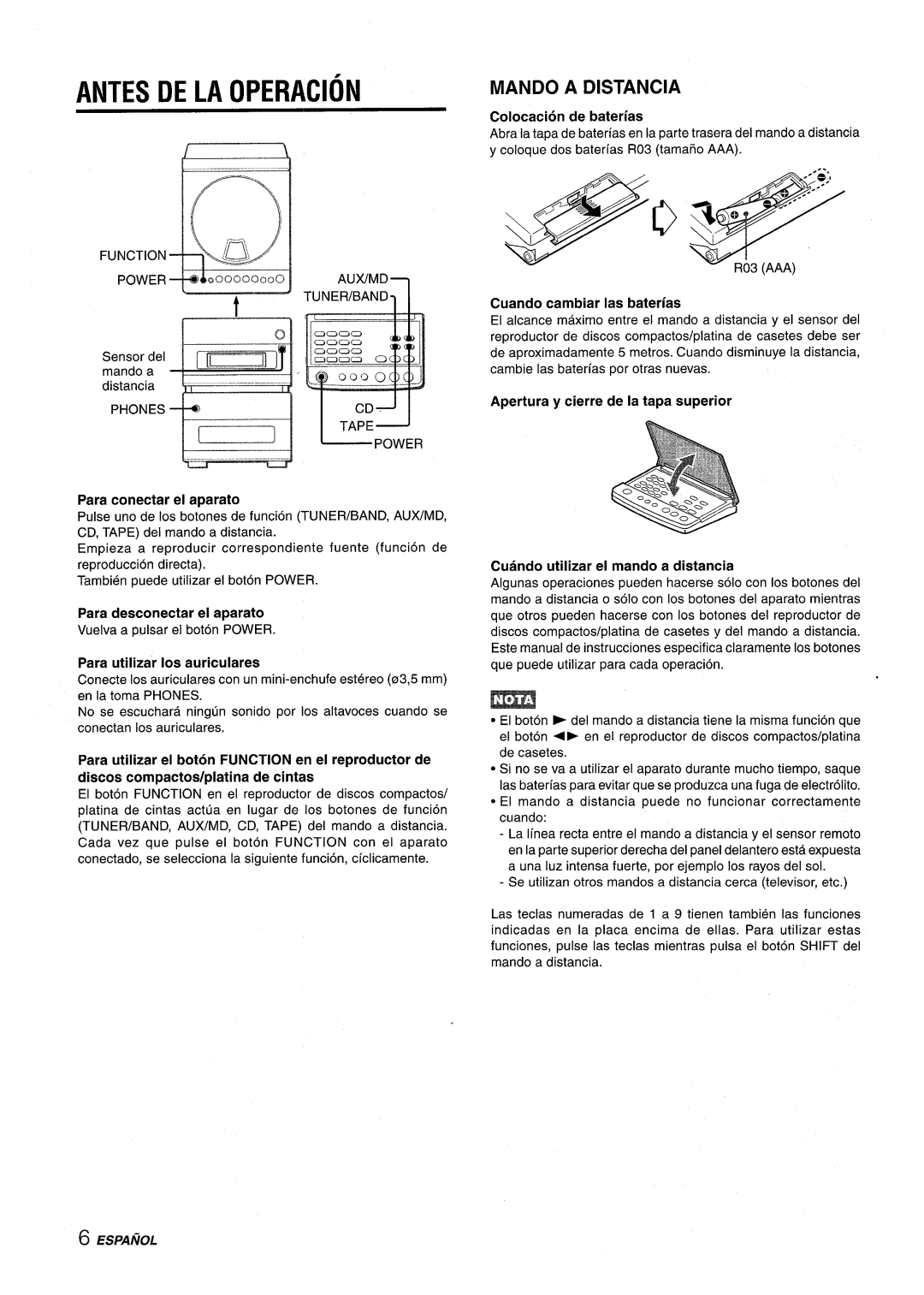 Aiwa XR-M88 manual Antes DE LA Operacion, Mando Distancia, De baterias, Cuando cambiar Ias baterias 