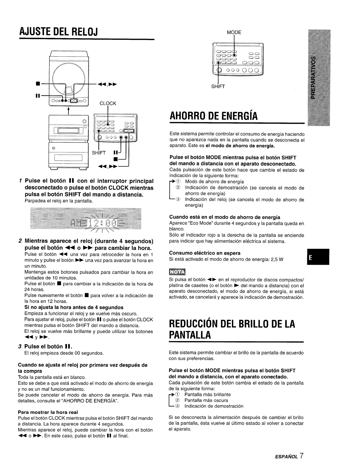 Aiwa XR-M88 manual Ajuste DEL Reloj, Ahorro DE ENERGiA, Reduccion DEL Brillo DE LA Pantalla, Pulse el boton 