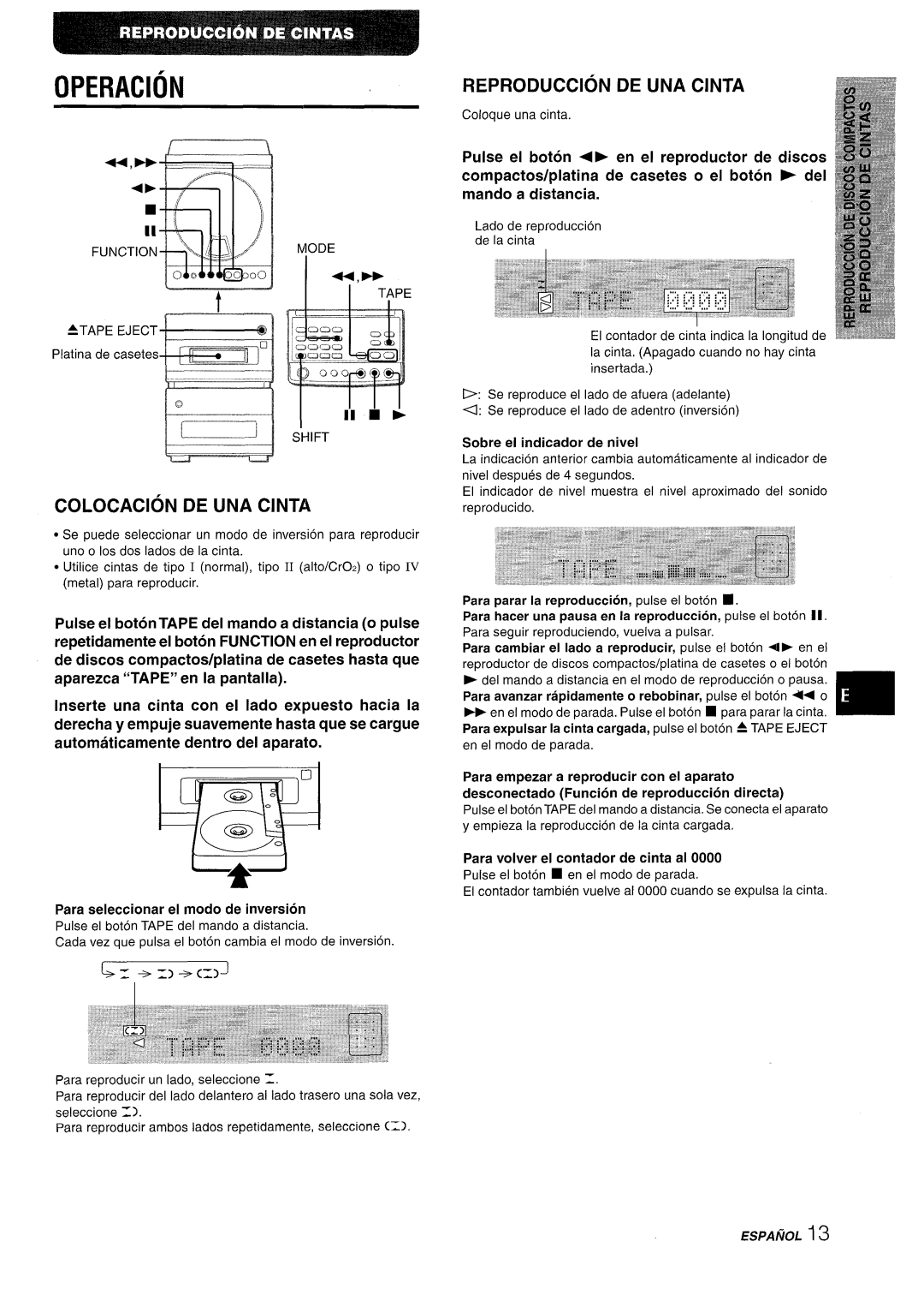 Aiwa XR-M88 manual Reproduction DE UNA Cinta, Para seleccionar el modo de inversion, Para volver el contador de cinta al 