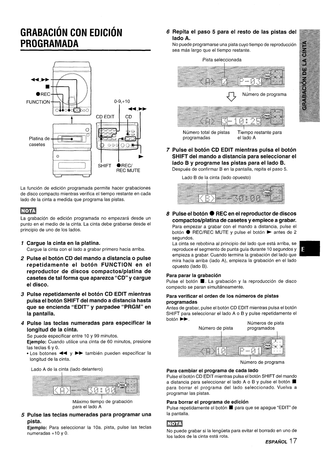 Aiwa XR-M88 manual Grabacion CON Edicion Programada, Repita el paso 5 para el resto de Ias pistas del Iado a 