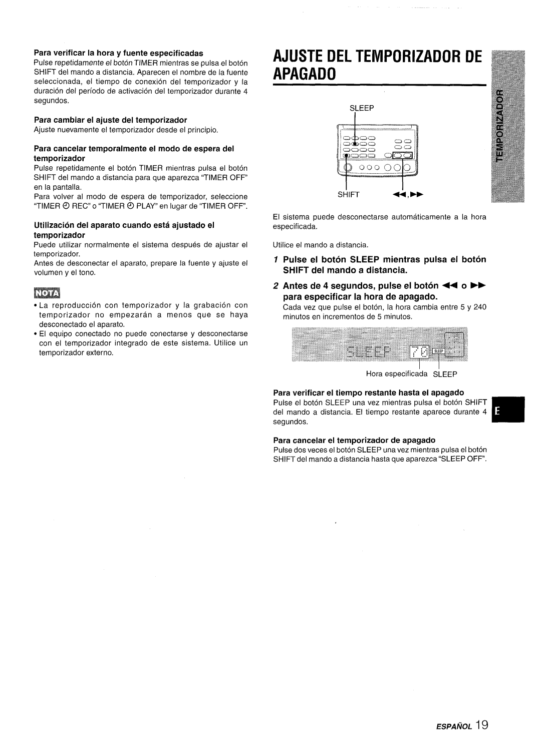 Aiwa XR-M88 manual Ajuste DEL Temporizador DE Apagado, Para verificar la hors y fuente especificadas 