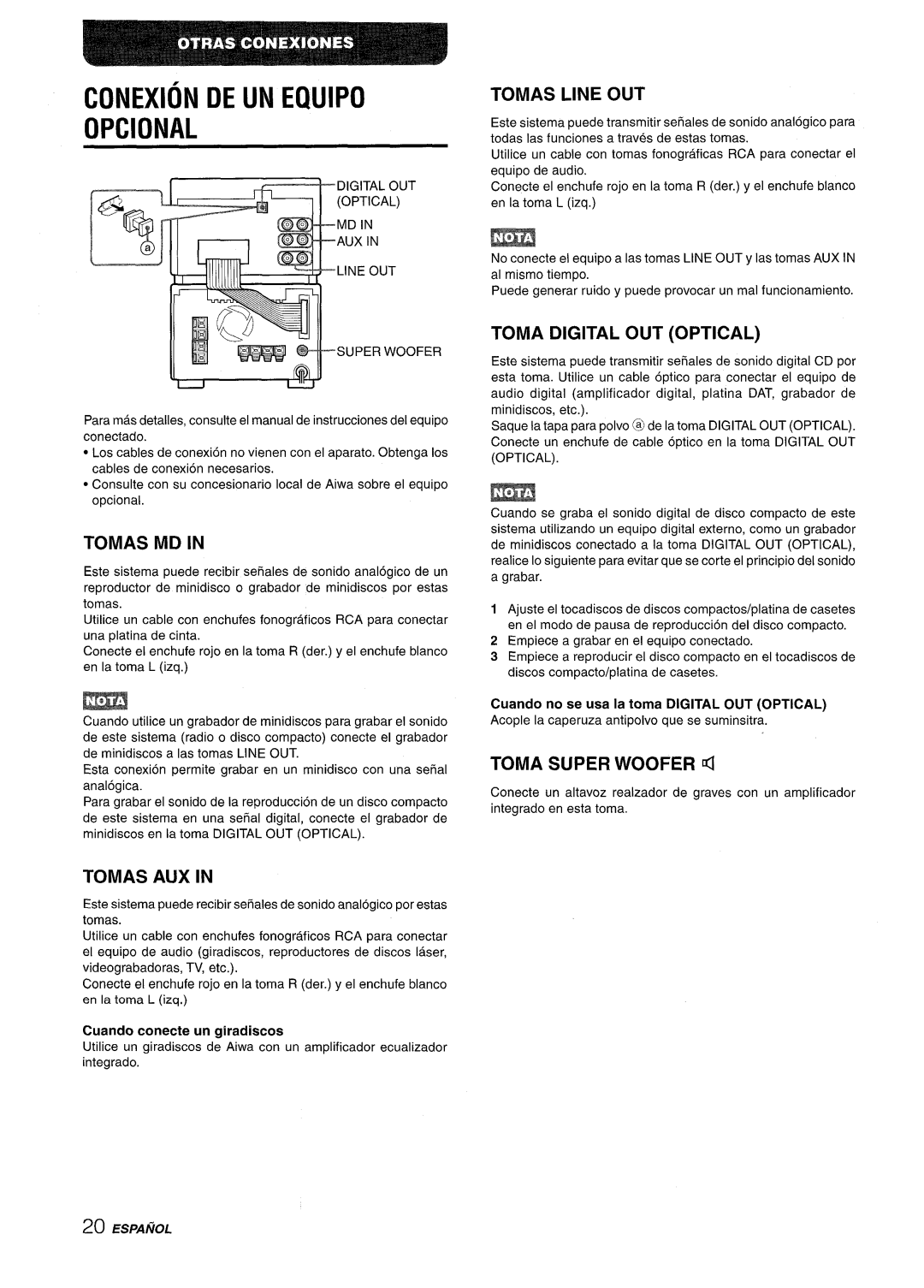 Aiwa XR-M88 manual Conexion DE UN Equipo Opcional, Tomas Line OUT, Tomas MD, Tomas AUX, Toma Digital OUT Optical 