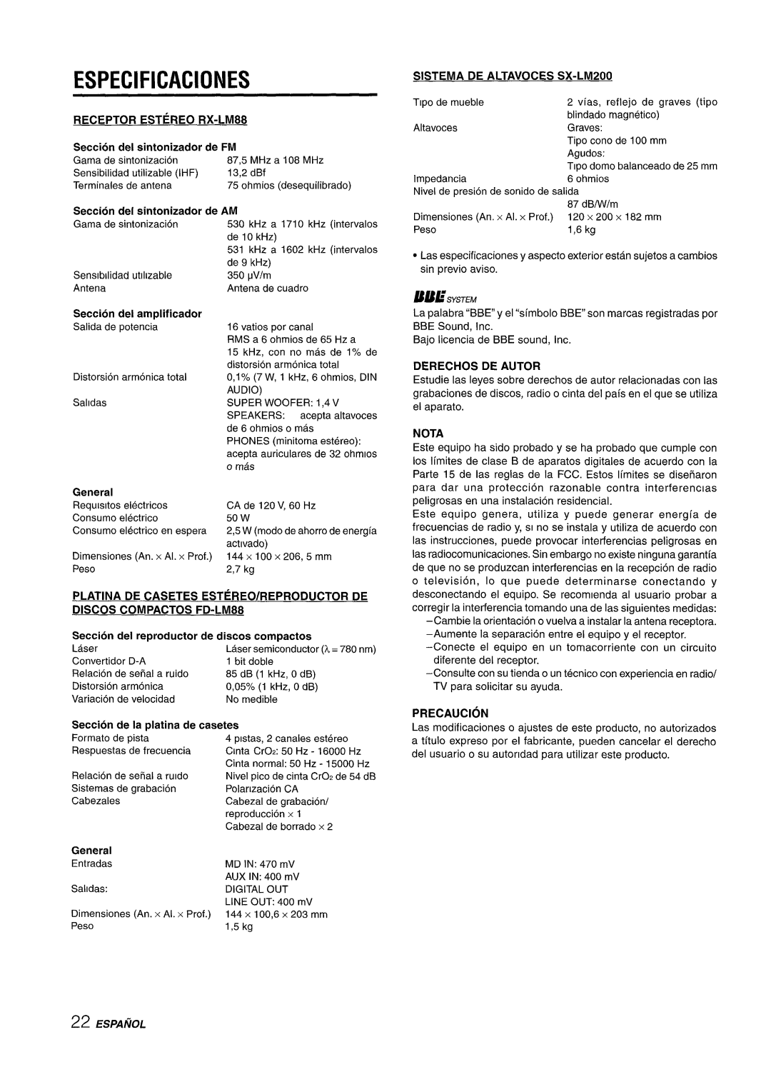 Aiwa XR-M88 manual Especificaciones 