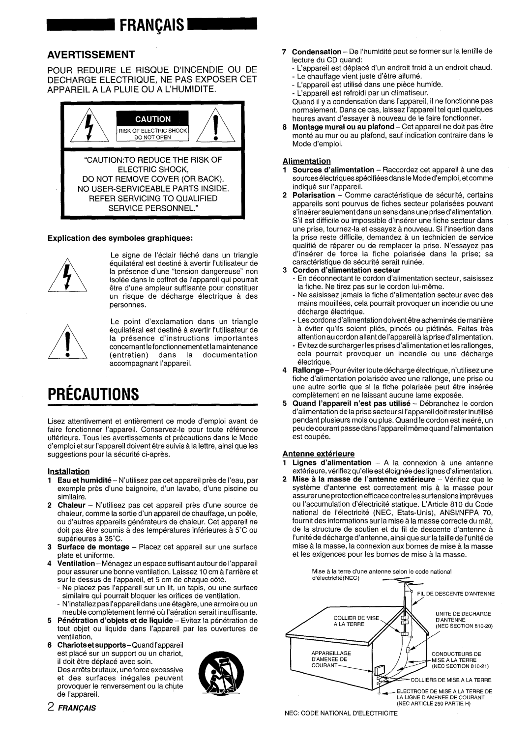 Aiwa XR-M88 manual ~Fran~Ais ~, Avertissement, Installation, Pour Reduire LE Risque D’INCENDIE OU DE 