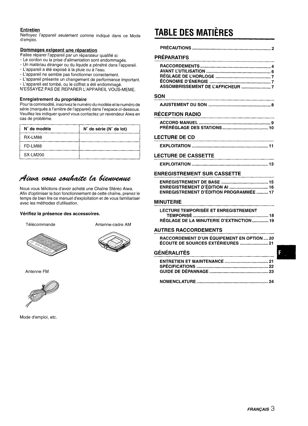 Aiwa XR-M88 manual DES Matieres 