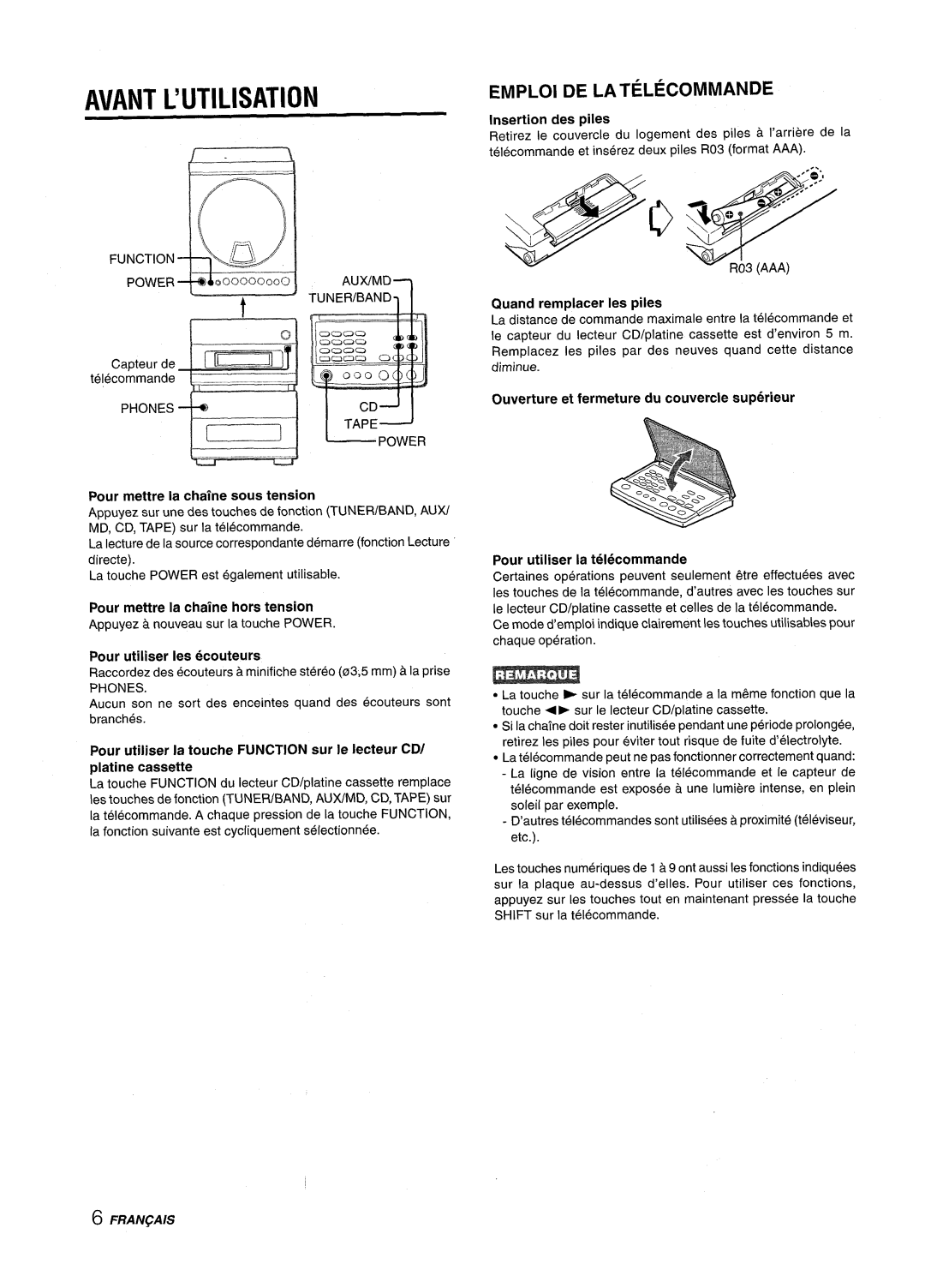 Aiwa XR-M88 manual Avant, DE LA Telecommande, Emploi 