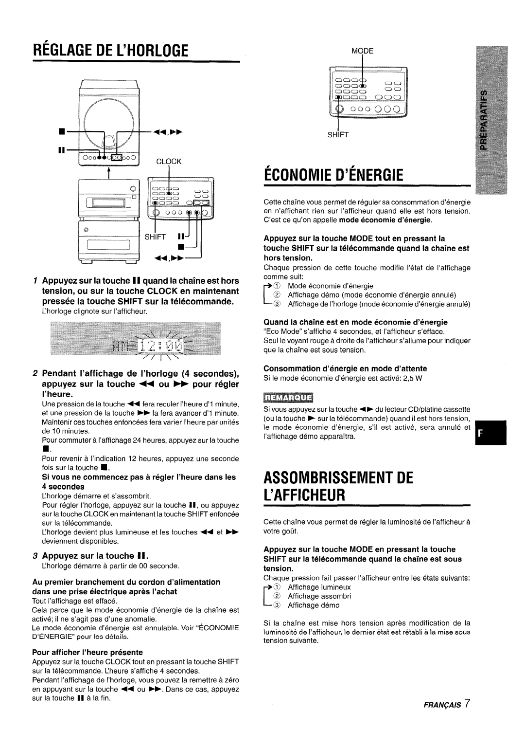 Aiwa XR-M88 manual Reglagedel’Horloge, Economie D’ENERGIE, Assombrissement DE ’AFFICHEUR 