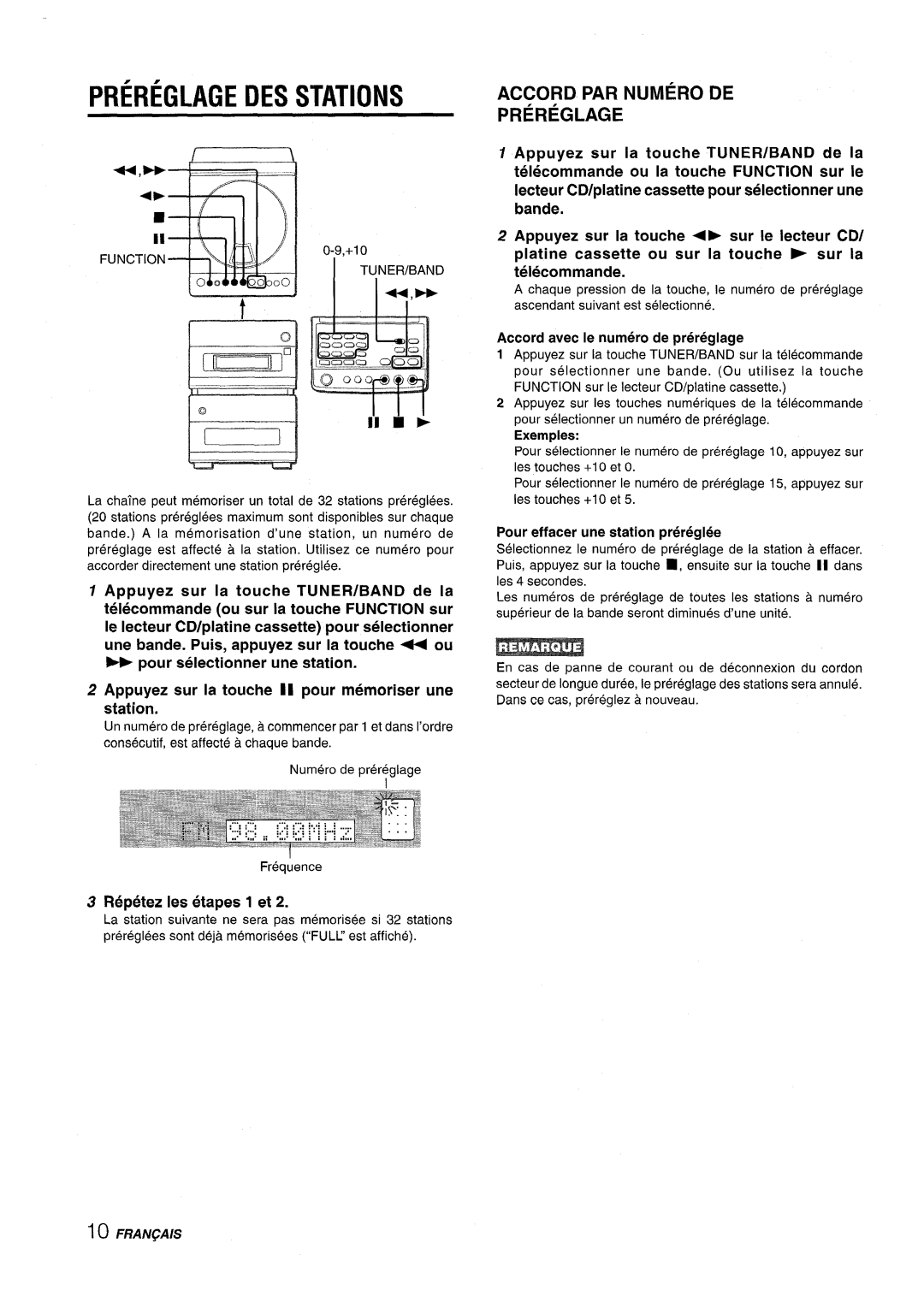 Aiwa XR-M88 manual Prereglage DES Stations, Accord PAR Numero DE Prereglage, Repetez Ies etapes 1 et, Tuner/Band 