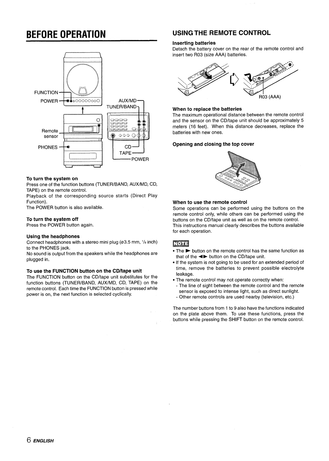 Aiwa XR-M88 manual Before Operation, To use the Function button on the CD/tape unit, Opening and closing the top cover 