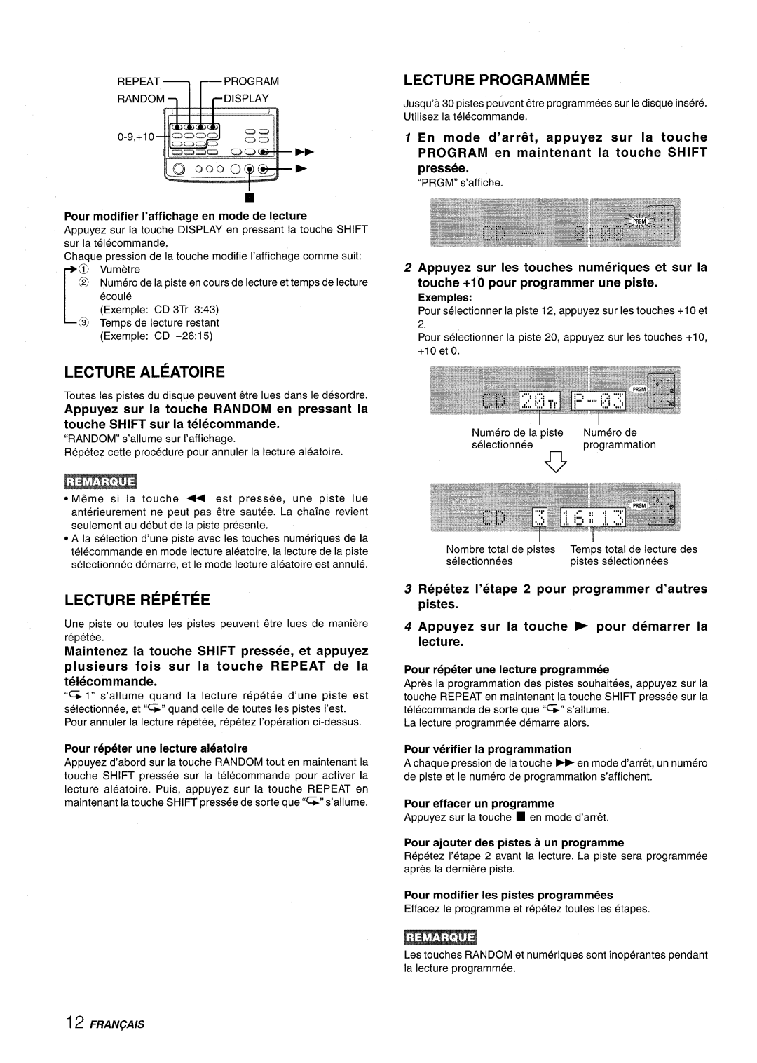 Aiwa XR-M88 manual Lecture Aleatoire, Lecture Repetee, Lecture Programmed 