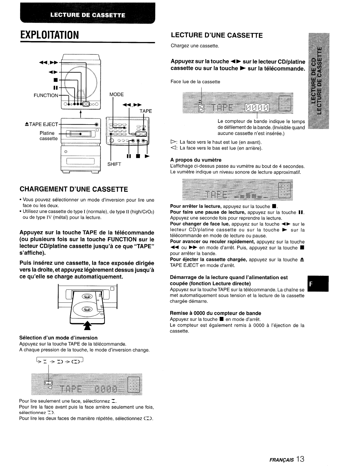 Aiwa XR-M88 Chargement D’UNE Cassette, Function Mode, Selection d’un mode d’inversion, Remise a 0000 du compteur de bande 