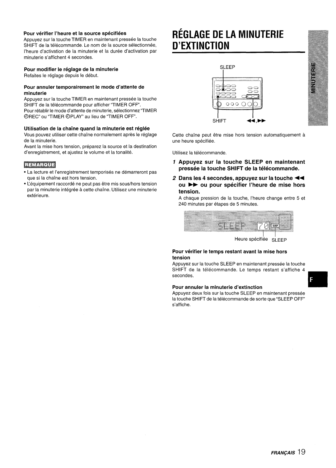 Aiwa XR-M88 manual Reglage DE LA Minuterie ’EXTINCTION, Utilisation de la chahe quand la minuterie est reglee 